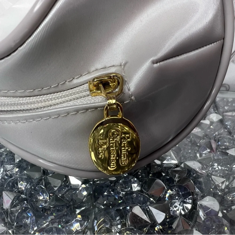 Christian dior makeup bag small white stripe shimmer pattern grey gold hardware